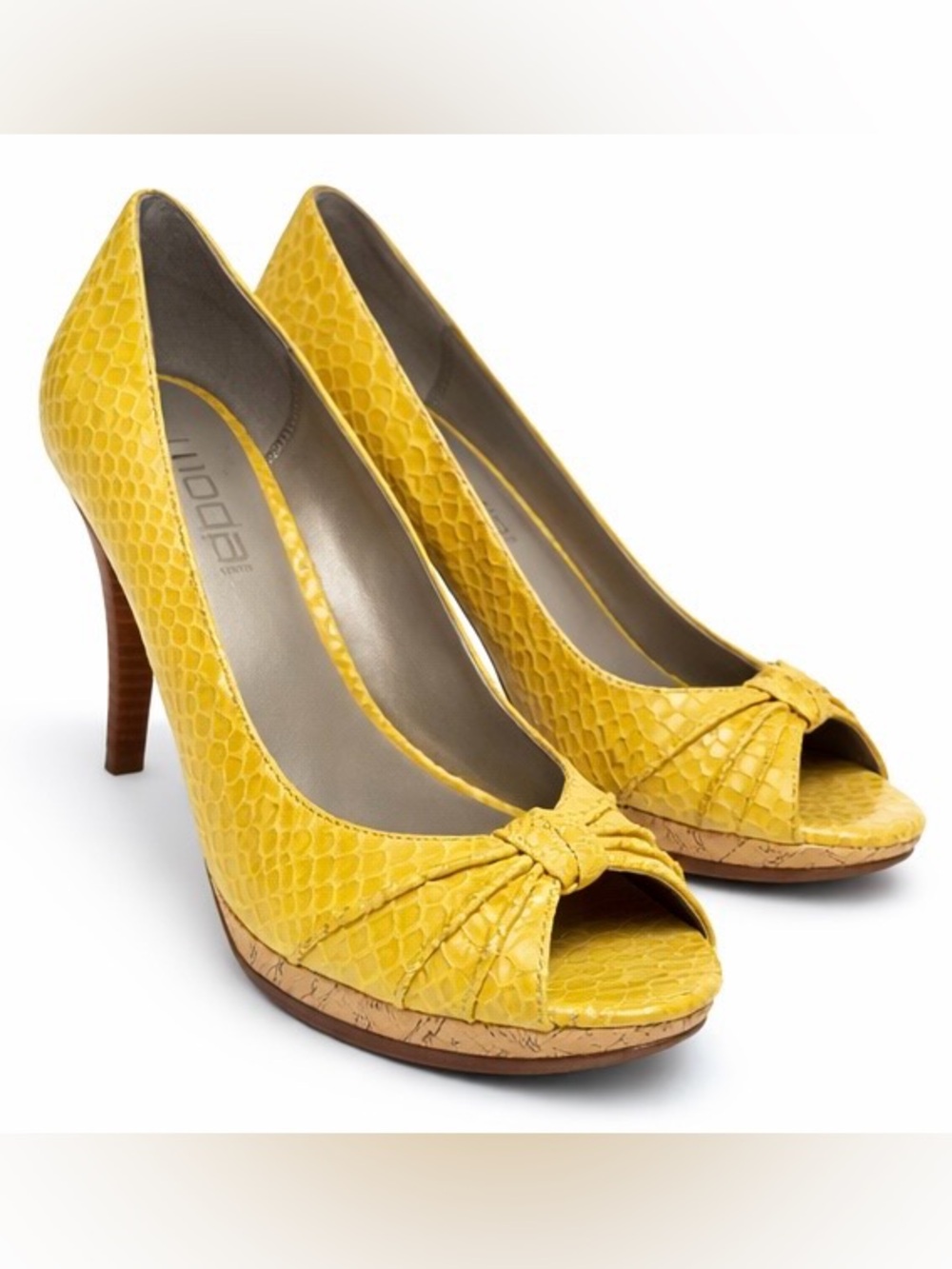 Moda Spana Yellow Faux Snakeskin Peep‎ Toe Heels Platform Pumps 10M
